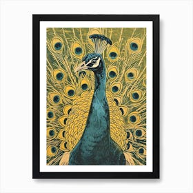 Blue Mustard Linocut Inspired Peacock Feather 1 Art Print