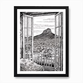 A Window View Of Cape Town In The Style Of Black And White  Line Art 3 Art Print