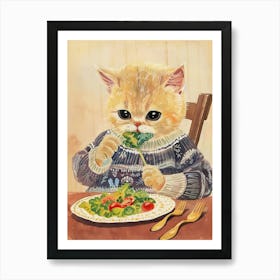 Tan Cat Eating A Salad Folk Illustration 2 Art Print