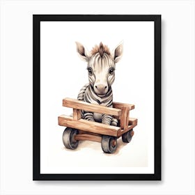 Baby Zebra On A Toy Car, Watercolour Nursery 2 Art Print