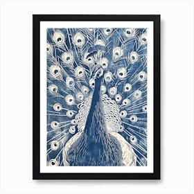 Navy Blue Linocut Inspired Peacock With Feathers Out 3 Art Print