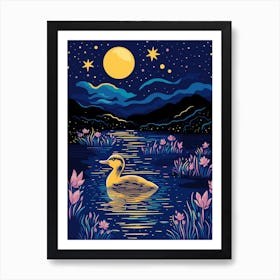 Linocut Style Duckling In The Lake Under The Moonlight 1 Art Print