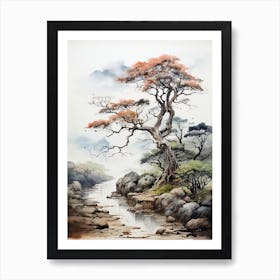 Ritsurin Garden In Kagawa, Japanese Brush Painting, Ukiyo E, Minimal 2 Art Print