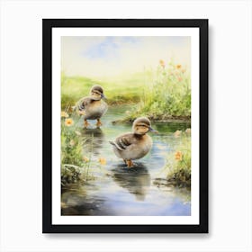 Ducklings In Lake Watercolour 2 Art Print