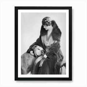 Lady With A Dog, Vintage Black and White Old Photo Art Print