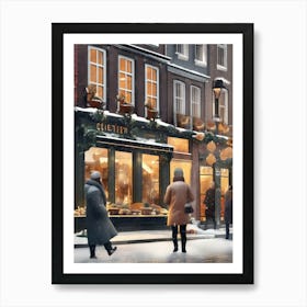 Amsterdam cafes, winter season, Christmas, autumn oil colors, pale colors, pedestrians in the street, winter clothes, falling snow.11 1 Art Print