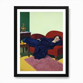 Woman Sleeping On A Red Couch Art Print