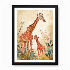 Mother Giraffe & Calf Colourful Illustration 2 Art Print