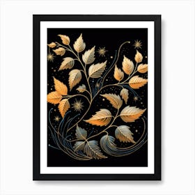 Gold Leaves On Black Background Art Print