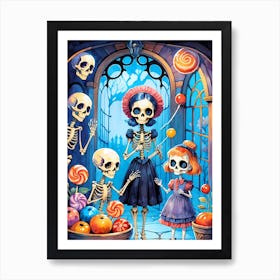 Cute Halloween Skeleton Family Painting (16) Art Print
