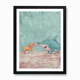 Shark Walking A Dog Textured Illustration Art Print
