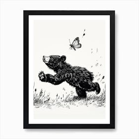 Malayan Sun Bear Cub Chasing After A Butterfly Ink Illustration 3 Art Print