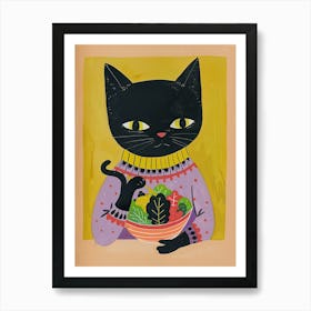 Black Cat Eating Salad Folk Illustration 1 Art Print