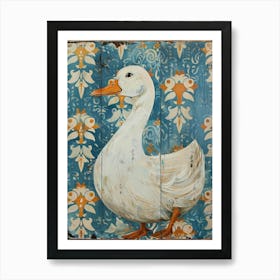 Duck On Blue Damask 1 Art Print