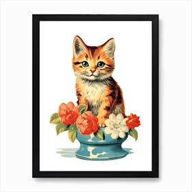 Vintage Cat With Flowers Kitsch Art Print