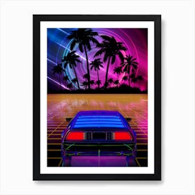 Neon landscape: Synthwave horizon & car, outrun [synthwave/vaporwave/cyberpunk] — aesthetic retrowave neon poster Art Print