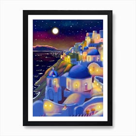 Greece, Santorini By Night Travel Art Print Art Print