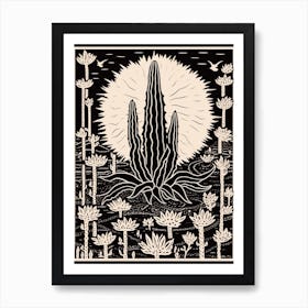 B&W Cactus Illustration Devils Tongue 1 Art Print