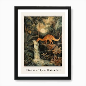 Dinosaur By A Waterfall Painting 4 Poster Art Print