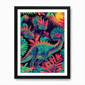 Abstract Neon Dinosaurs In Jurassic Landscape 2 Art Print