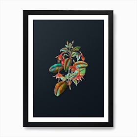 Vintage Standish's Fuchsia Flower Branch Botanical Watercolor Illustration on Dark Teal Blue n.0112 Art Print