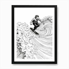 Surfing In Malibu California, Usa Line Art Black And White 7 Art Print