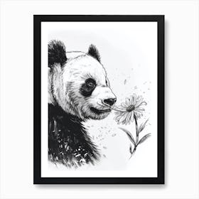 Giant Panda Sniffing A Flower Ink Illustration 4 Art Print