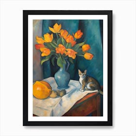 Flower Vase Freesia With A Cat 1 Impressionism, Cezanne Style Art Print