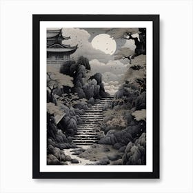 Hachijo Jima In Tokyo, Ukiyo E Black And White Line Art Drawing 4 Art Print