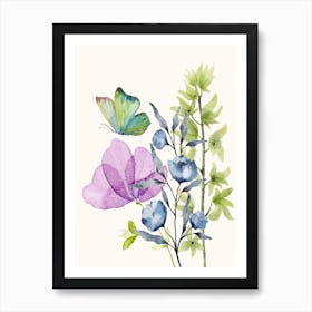 Watercolor Of Flowers And Butterflies Art Print