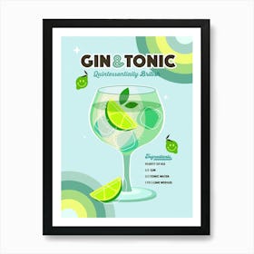 Gin and Tonic cocktail - Retro rainbow blue and lime green Art Print