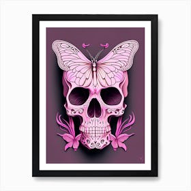 Skull With Butterfly Motifs Pink Line Drawing Art Print