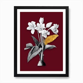 Vintage Crinum Giganteum Black and White Gold Leaf Floral Art on Burgundy Red n.1233 Art Print