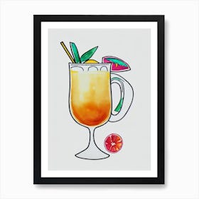 Piña Colada 2 Minimal Line Drawing With Watercolour Cocktail Poster Art Print