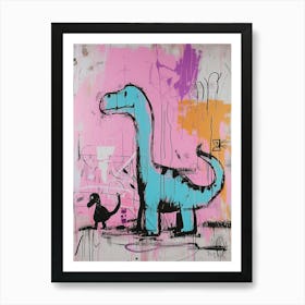 Dinosaur With Pet Blue Purple Pink 3 Art Print