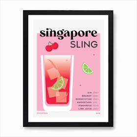 Singapore Sling in Pink Cocktail Recipe Art Print