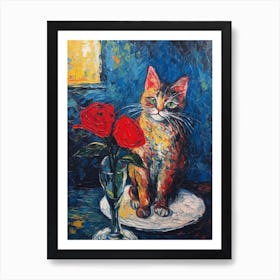 Still Life Of Rose With A Cat 2 Art Print