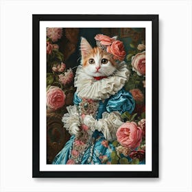 Rococo Style Painting Of Cat In Blue Royal Dress 1 Art Print