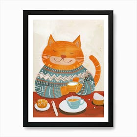 Happy Orange Cat Having Breakfast Folk Illustration 4 Art Print