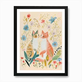 Folksy Floral Animal Drawing Cat 6 Art Print