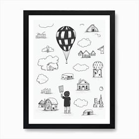 Hot Air Balloon Black And White Line Art Art Print