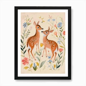 Folksy Floral Animal Drawing Deer Art Print