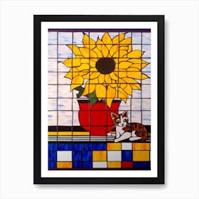 Sunflower With A Cat 3 De Stijl Style Mondrian Art Print