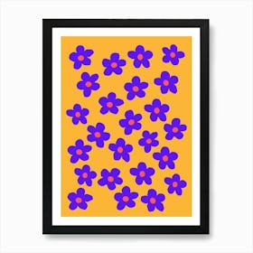 Blue Flowers On Orange Background Art Print Art Print