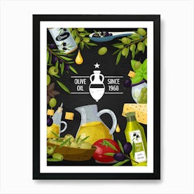 Olive Oil Vector Illustration - olives poster, kitchen wall art Art Print