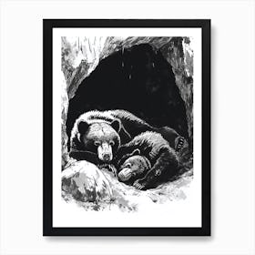 Malayan Sun Bear Family Sleeping In A Cave Ink Illustration 1 Art Print