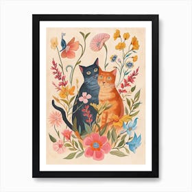 Folksy Floral Animal Drawing Cat 11 Art Print