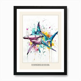 Hammerhead Shark Colourful Watercolour 2 Poster Art Print