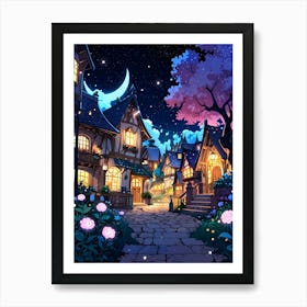 Cartoon Village At Night Art Print