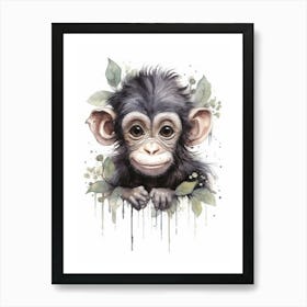 Watercolour Jungle Animal Baby Chimpanzee 1 Art Print